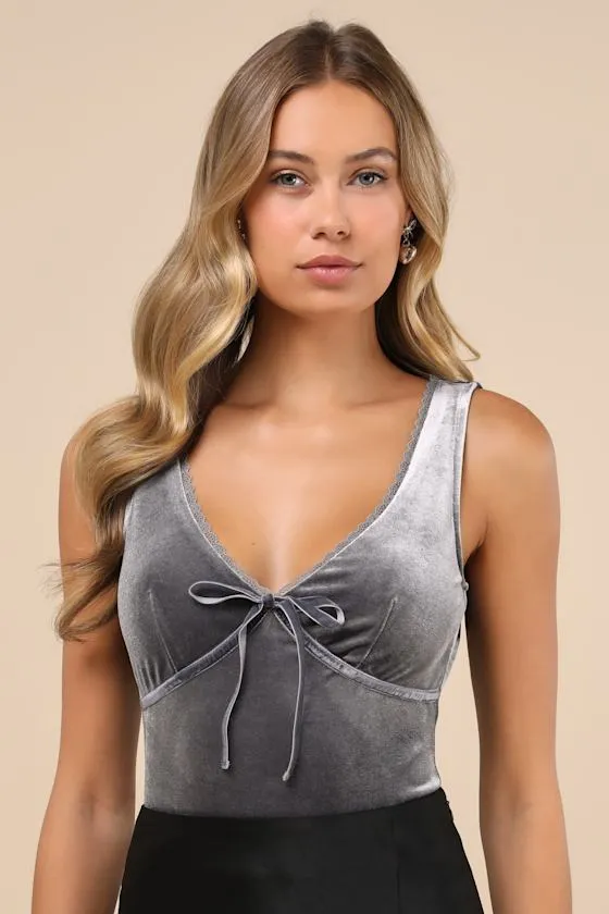 Dreamy Chicness Dark Grey Velvet Sleeveless Bodysuit sold by Lulus