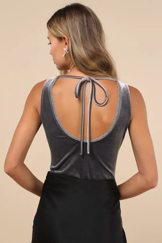 Dreamy Chicness Dark Grey Velvet Sleeveless Bodysuit sold by Lulus product image thumbnail 2