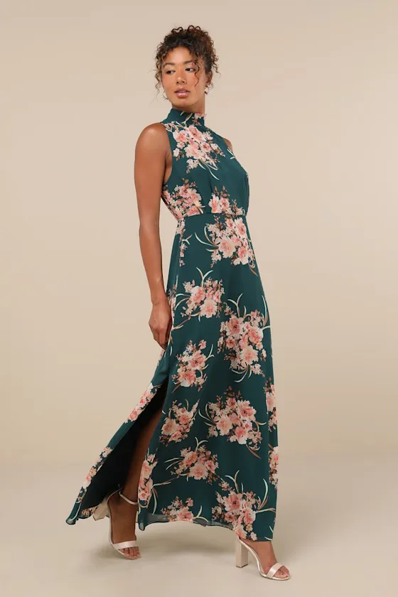 Classic Elegance Emerald Floral Mock Neck Maxi Dress sold by Lulus product image thumbnail 4