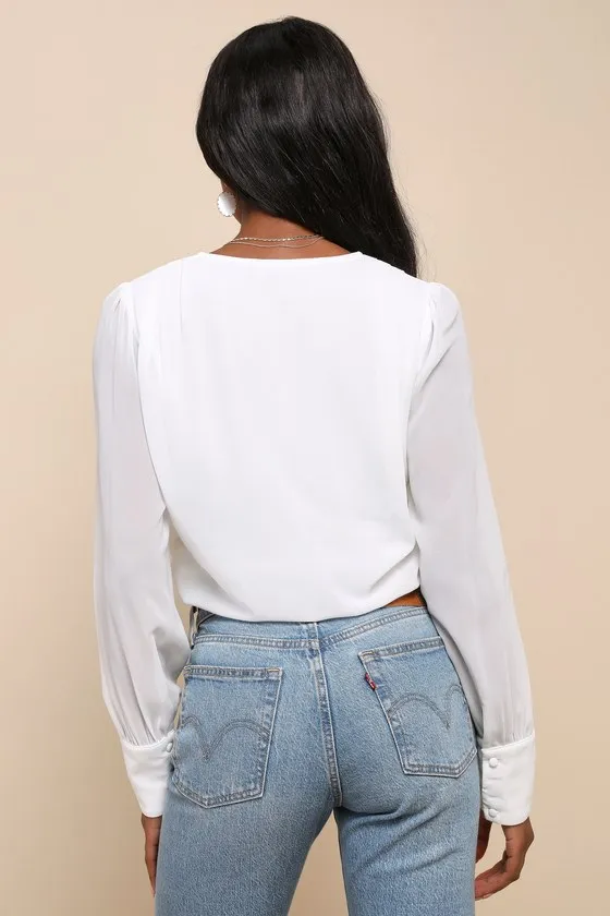 Sophisticated Aspect Ivory Chiffon Surplice Long Sleeve Bodysuit sold by Lulus product image thumbnail 2