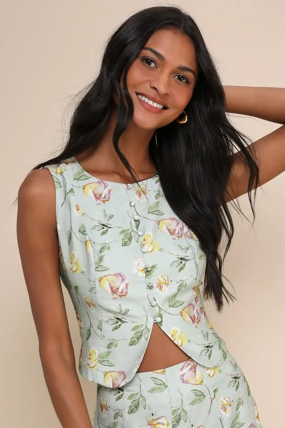 Noticeably Perfect Sage Green Floral Button-Up Lace-Up Tank Top sold by Lulus