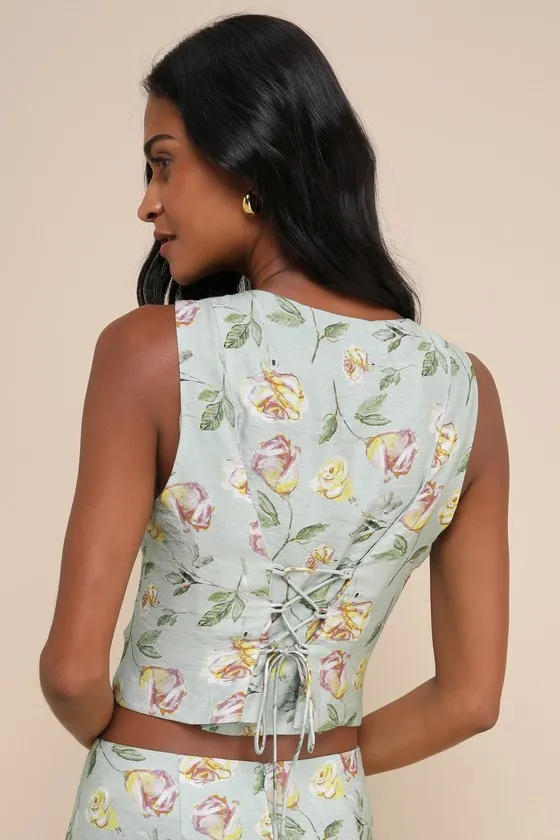 Noticeably Perfect Sage Green Floral Button-Up Lace-Up Tank Top sold by Lulus product image thumbnail 2