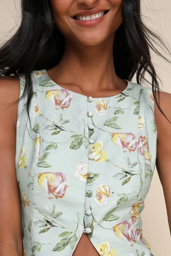 Noticeably Perfect Sage Green Floral Button-Up Lace-Up Tank Top sold by Lulus product image thumbnail 4