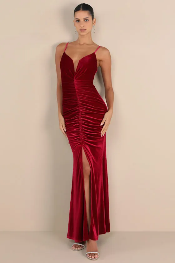 Stunning Invitation Magenta Velvet Ruched Sleeveless Maxi Dress sold by Lulus