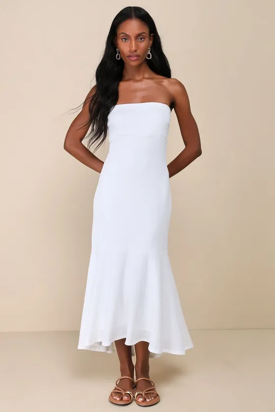 Darling Ways White Textured Strapless Midi Dress sold by Lulus