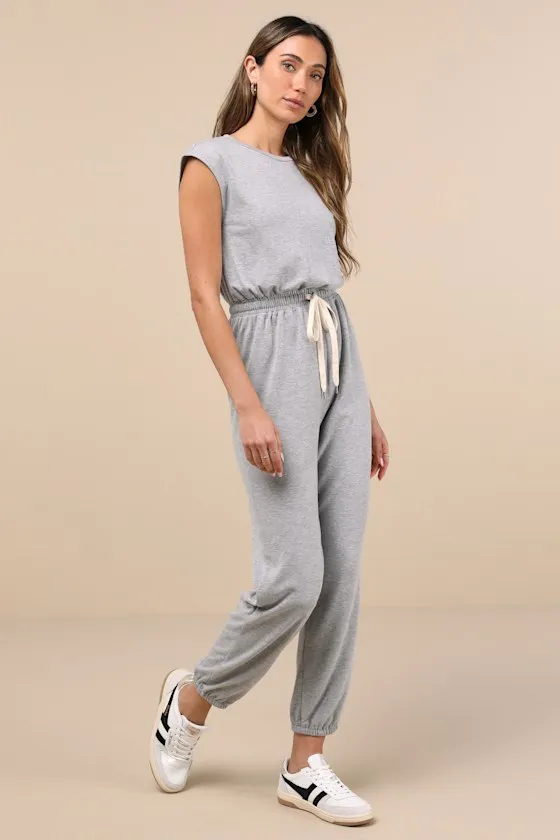 Comfy Passion Grey Short Sleeve Drawstring Lounge Jumpsuit sold by Lulus