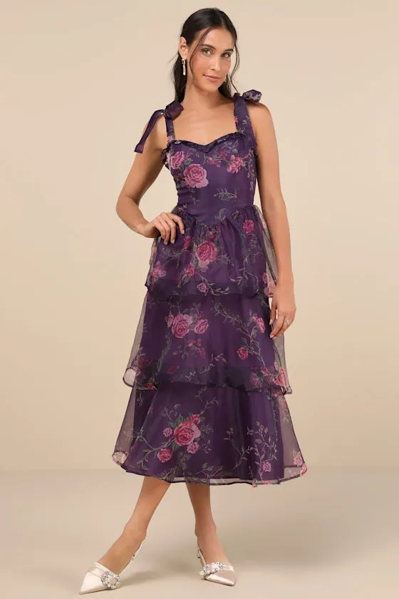 Fairytale Cutie Purple Floral Tie-Strap Tiered Midi Dress sold by Lulus