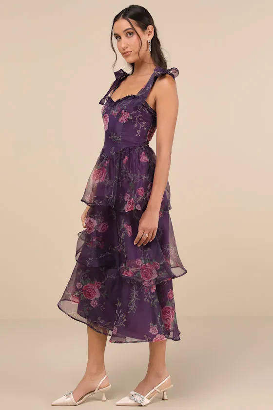 Fairytale Cutie Purple Floral Tie-Strap Tiered Midi Dress sold by Lulus product image thumbnail 2