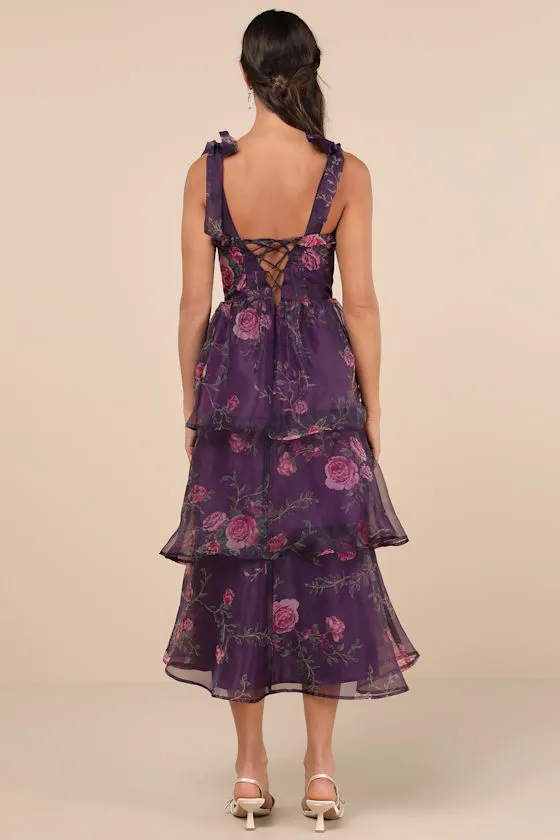 Fairytale Cutie Purple Floral Tie-Strap Tiered Midi Dress sold by Lulus product image thumbnail 3