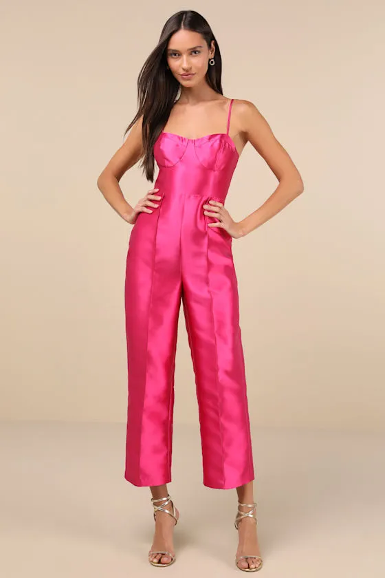 Contemporary Pose Hot Pink Taffeta Bustier Sleeveless Jumpsuit sold by Lulus