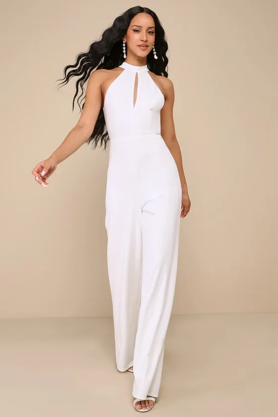 Striking Elegance White Cutout Backless Halter Jumpsuit sold by Lulus