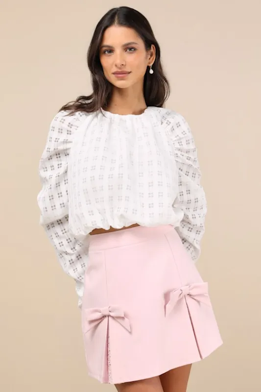 Unique Statement White Burnout Plaid Ruched Long Sleeve Top sold by Lulus