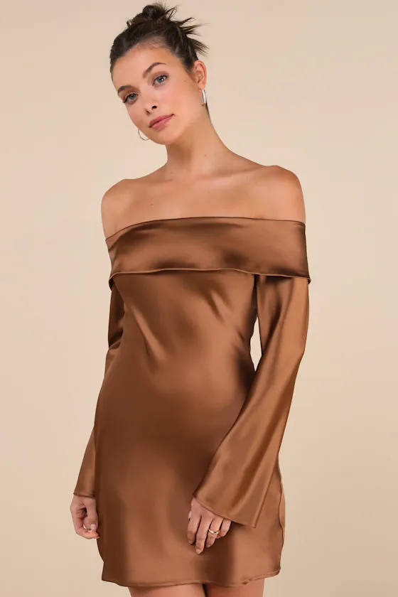 Luxurious Vision Brown Satin Off-the-Shoulder Mini Dress sold by Lulus