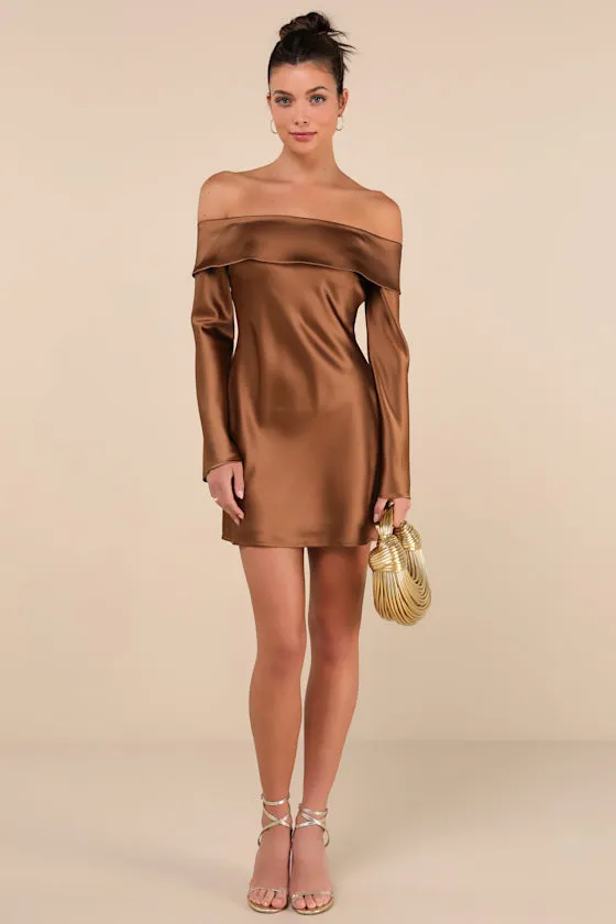 Luxurious Vision Brown Satin Off-the-Shoulder Mini Dress sold by Lulus product image thumbnail 2