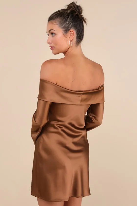 Luxurious Vision Brown Satin Off-the-Shoulder Mini Dress sold by Lulus product image thumbnail 3