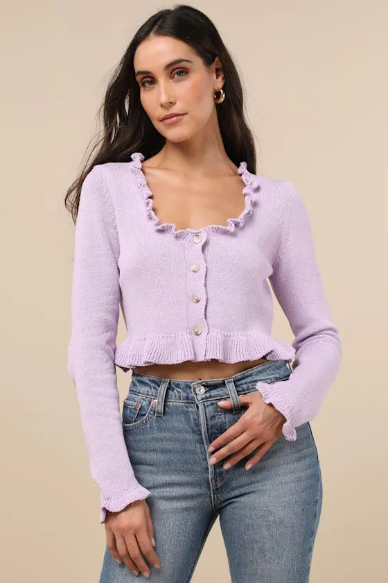 Impressively Sweet Lavender Ruffled Cropped Cardigan sold by Lulus