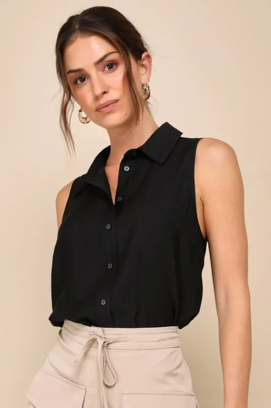 Breezy Finesse Black Collared Button-Front Tank Top sold by Lulus