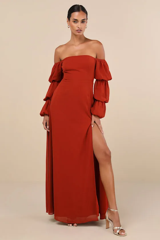 Demure Aura Rust Tiered Balloon Sleeve Off-the-Shoulder Dress sold by Lulus