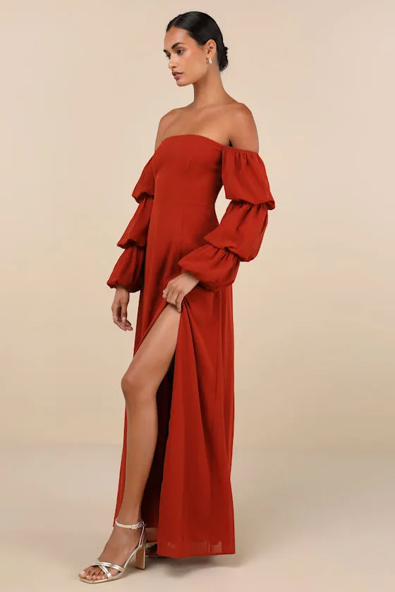 Demure Aura Rust Tiered Balloon Sleeve Off-the-Shoulder Dress sold by Lulus product image thumbnail 3