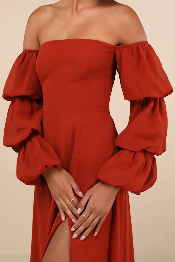 Demure Aura Rust Tiered Balloon Sleeve Off-the-Shoulder Dress sold by Lulus product image thumbnail 4