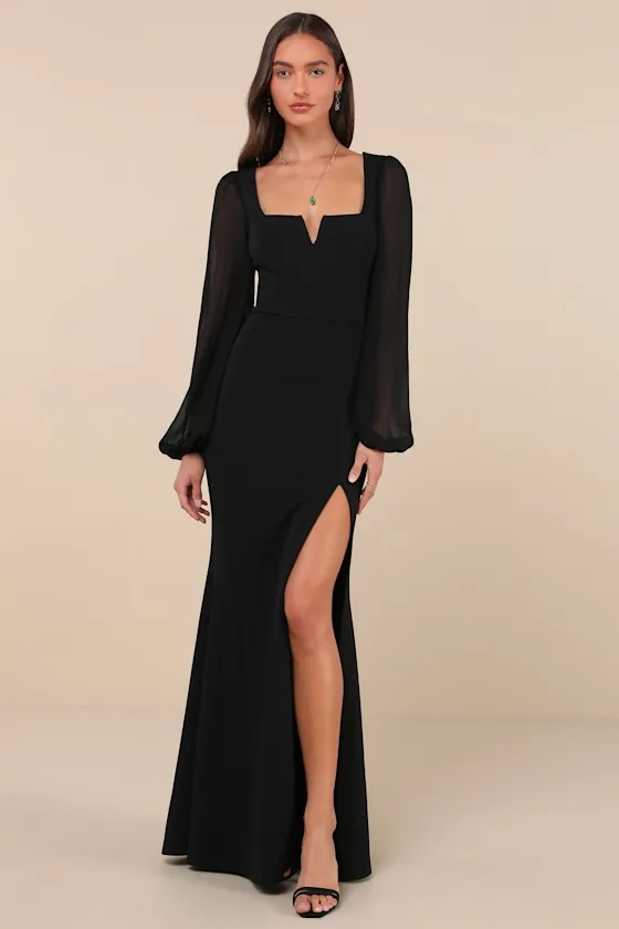 Composed Elegance Black Balloon Sleeve Mermaid Maxi Dress sold by Lulus