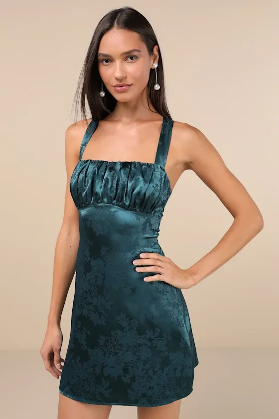Exquisite Outlook Teal Floral Jacquard Satin Lace-Up Mini Dress sold by Lulus