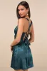 Exquisite Outlook Teal Floral Jacquard Satin Lace-Up Mini Dress sold by Lulus