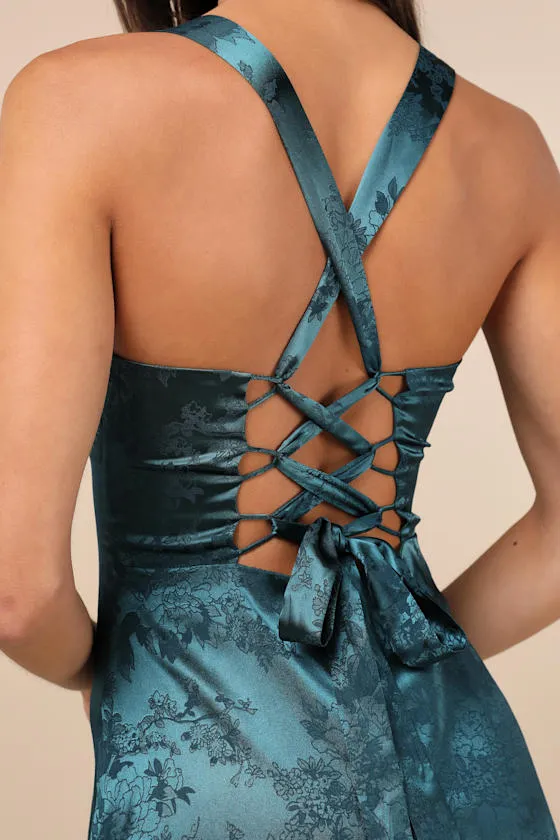 Exquisite Outlook Teal Floral Jacquard Satin Lace-Up Mini Dress sold by Lulus product image thumbnail 4