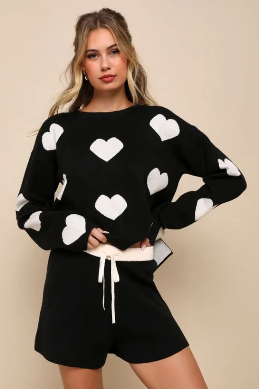 Weekend Adoration Black Drawstring Sweater Lounge Shorts sold by Lulus