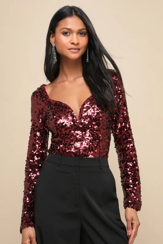 Dazzling Charisma Burgundy Sequin Notched Long Sleeve Top sold by Lulus