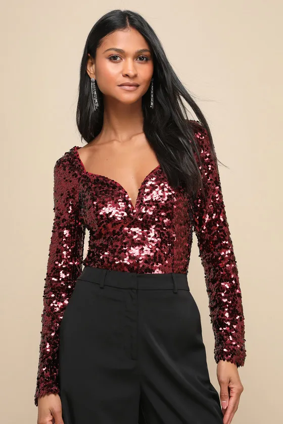 Dazzling Charisma Burgundy Sequin Notched Long Sleeve Top sold by Lulus