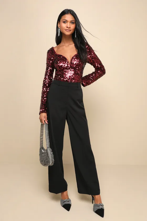 Dazzling Charisma Burgundy Sequin Notched Long Sleeve Top sold by Lulus product image thumbnail 2