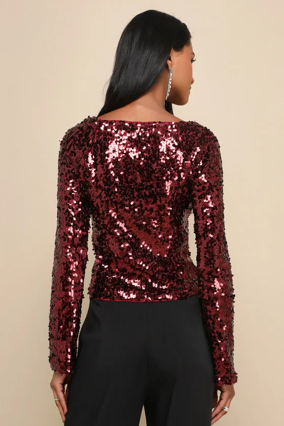 Dazzling Charisma Burgundy Sequin Notched Long Sleeve Top sold by Lulus product image thumbnail 3