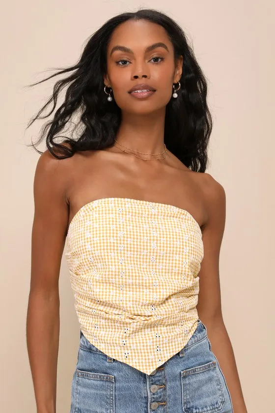 Sunny Loveliness Yellow Gingham Eyelet Pleated Strapless Top sold by Lulus