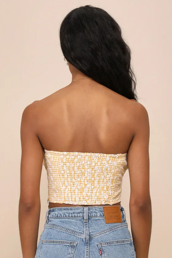 Sunny Loveliness Yellow Gingham Eyelet Pleated Strapless Top sold by Lulus product image thumbnail 2