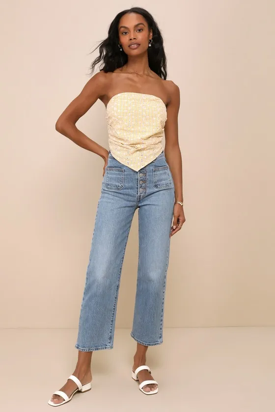 Sunny Loveliness Yellow Gingham Eyelet Pleated Strapless Top sold by Lulus product image thumbnail 3