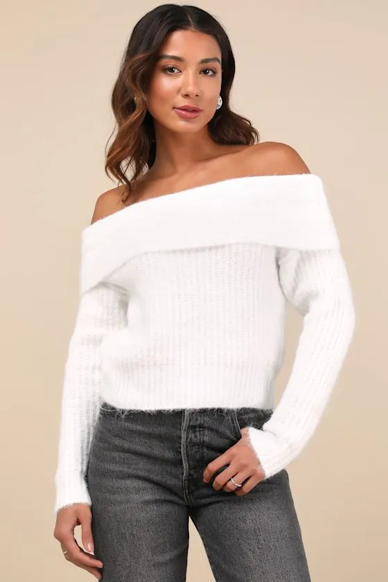 Cozy Outcome Ivory Fuzzy Off-the-Shoulder Sweater sold by Lulus