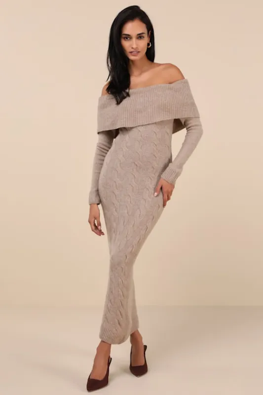 Cozy Excellence Heather Beige Off-the-Shoulder Sweater Dress sold by Lulus