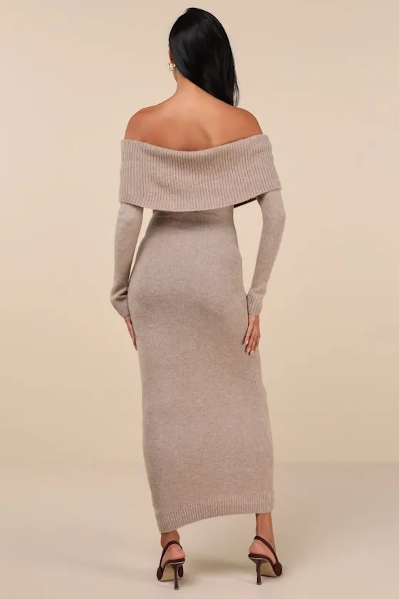 Cozy Excellence Heather Beige Off-the-Shoulder Sweater Dress sold by Lulus product image thumbnail 2