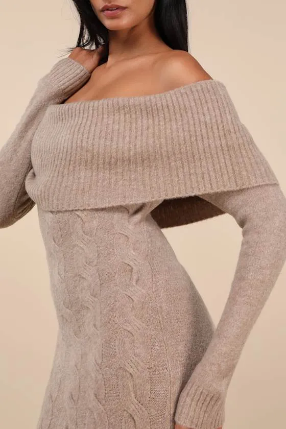 Cozy Excellence Heather Beige Off-the-Shoulder Sweater Dress sold by Lulus product image thumbnail 3
