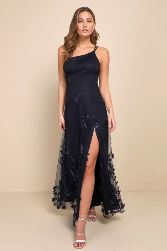 Regal Poise Navy Blue 3D Floral Applique One-Shoulder Maxi Dress sold by Lulus