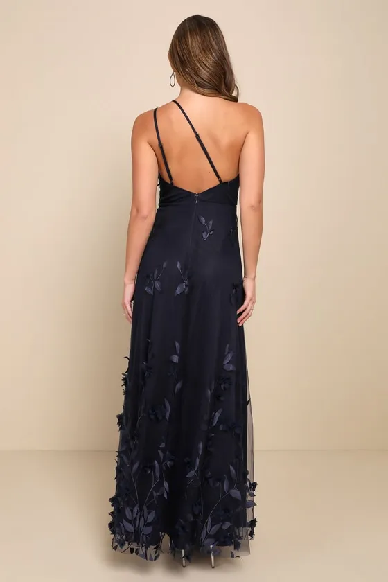 Regal Poise Navy Blue 3D Floral Applique One-Shoulder Maxi Dress sold by Lulus product image thumbnail 2