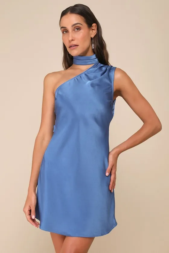 Elevated Mystique Blue Satin One-Shoulder Mini Dress sold by Lulus product image thumbnail 2