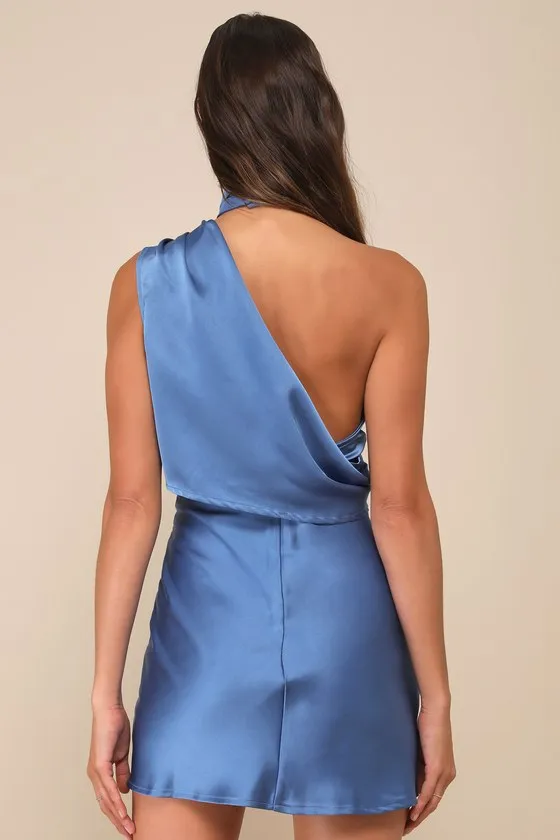 Elevated Mystique Blue Satin One-Shoulder Mini Dress sold by Lulus product image thumbnail 4