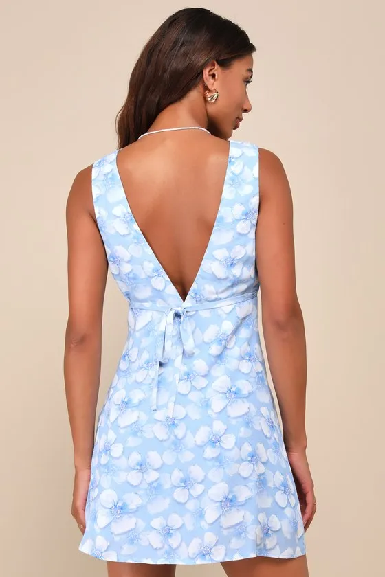 Ultimate Sweetie Blue Floral V-Neck Sleeveless A-Line Mini Dress sold by Lulus product image thumbnail 2