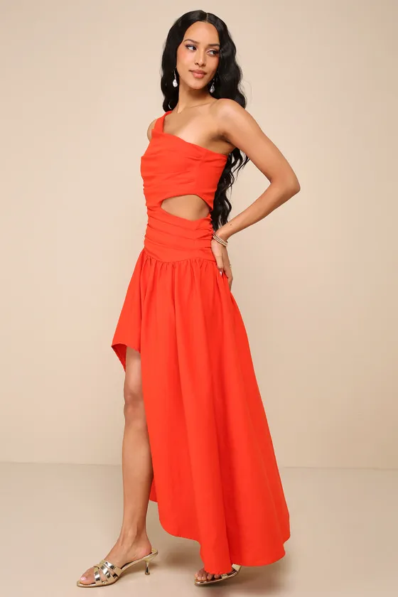 Sunny Persuasion Red Linen Cutout One-Shoulder Midi Dress sold by Lulus product image thumbnail 2