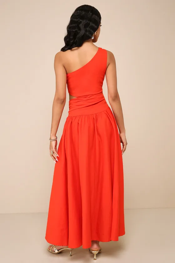 Sunny Persuasion Red Linen Cutout One-Shoulder Midi Dress sold by Lulus product image thumbnail 3