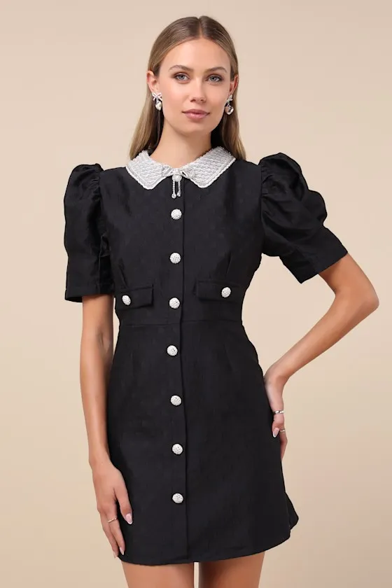 Dallas Jewels Black Jacquard Bead Collar Puff Sleeve Mini Dress sold by Lulus