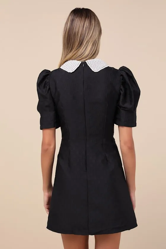 Dallas Jewels Black Jacquard Bead Collar Puff Sleeve Mini Dress sold by Lulus product image thumbnail 2