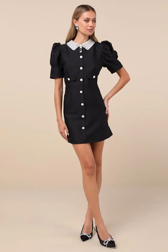 Dallas Jewels Black Jacquard Bead Collar Puff Sleeve Mini Dress sold by Lulus product image thumbnail 3